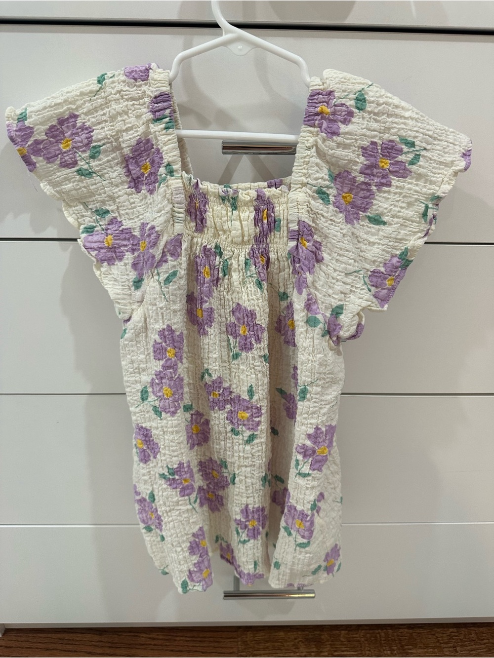 Zara Girls' Cream Floral Smocked Sleeve Dress- Lavender Print Size 5